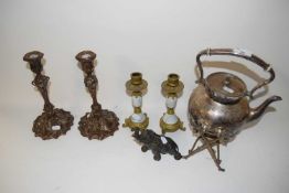 Mixed lot comprising a Victorian silver plated spirit kettle together with two pairs of candlesticks