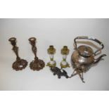 Mixed lot comprising a Victorian silver plated spirit kettle together with two pairs of candlesticks