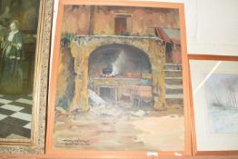 20th Century school study of a continental courtyard scene with cooking pot, oil on canvas,