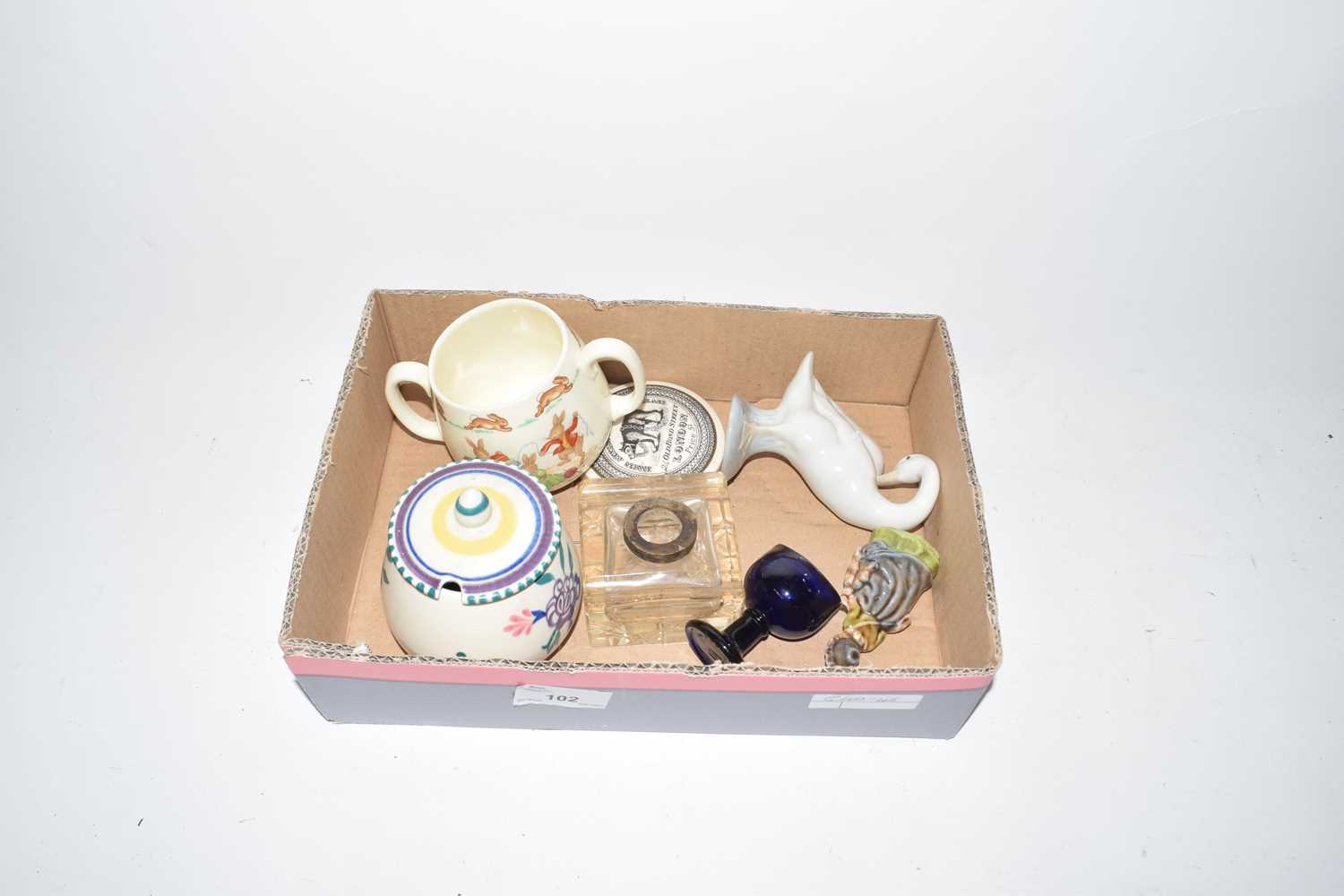 Box of various mixed items to include Poole Pottery preserve pot, Bunnykins mug etc