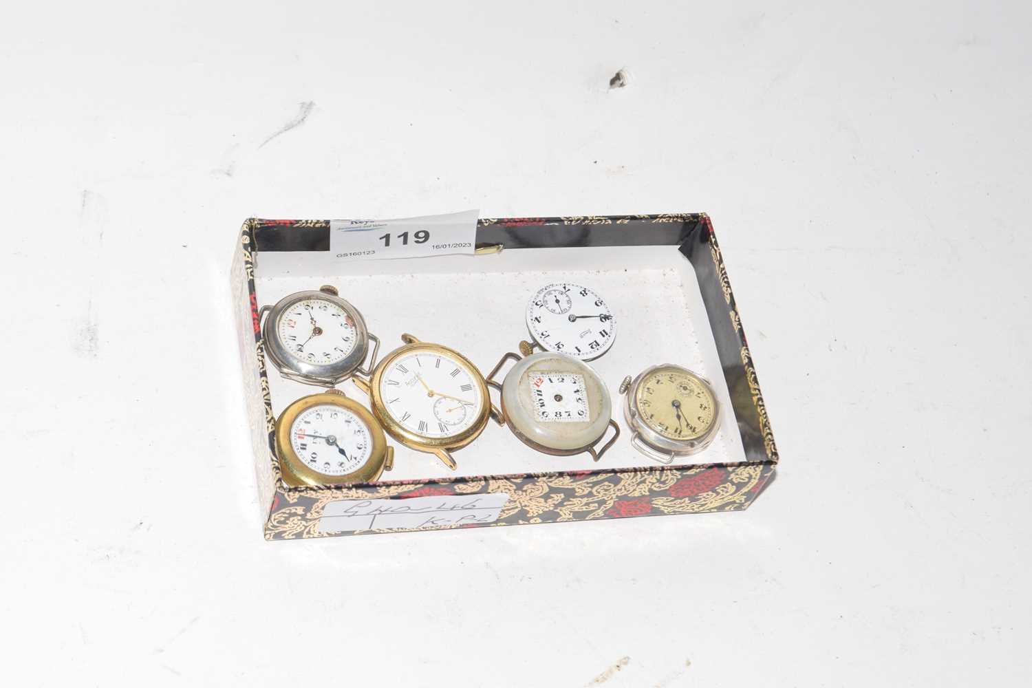 Box of various wristwatches lacking straps