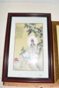 Modern Chinese Shu embroidery picture of a mystical figure seated on a cliff, framed and glazed