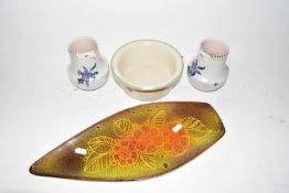 Mixed Lot: Poole pottery wares comprising a spear dish, pair of vases and a small bowl (4)