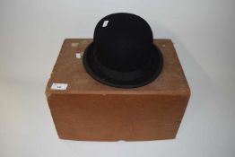 Vintage bowler hat marked Moss Bros, Covent Garden together with a hat box