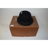 Vintage bowler hat marked Moss Bros, Covent Garden together with a hat box