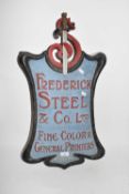 Vintage painted wooden sign marked 'Frederick Steel & Co Ltd Fine Colour and General Printers', 71cm