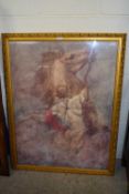 Contemporary coloured print of a Roman figure with horse, gilt framed and glazed