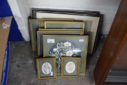 Collection of various assorted small floral pictures, framed etchings and others