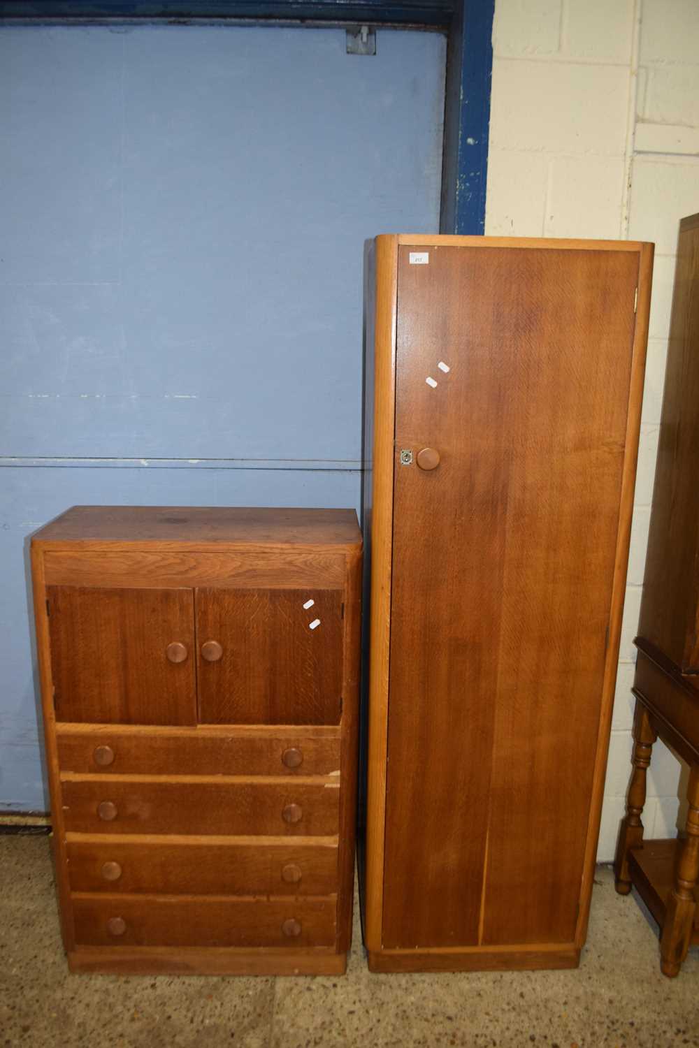 Mid 20th Century oak veneered narrow wardrobe and matching tallboy cabinet(2)