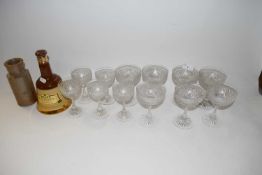 Mixed Lot: Clear champagne bowls together with a Wade scotch whiskey bell and a further stone ware