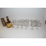 Mixed Lot: Clear champagne bowls together with a Wade scotch whiskey bell and a further stone ware