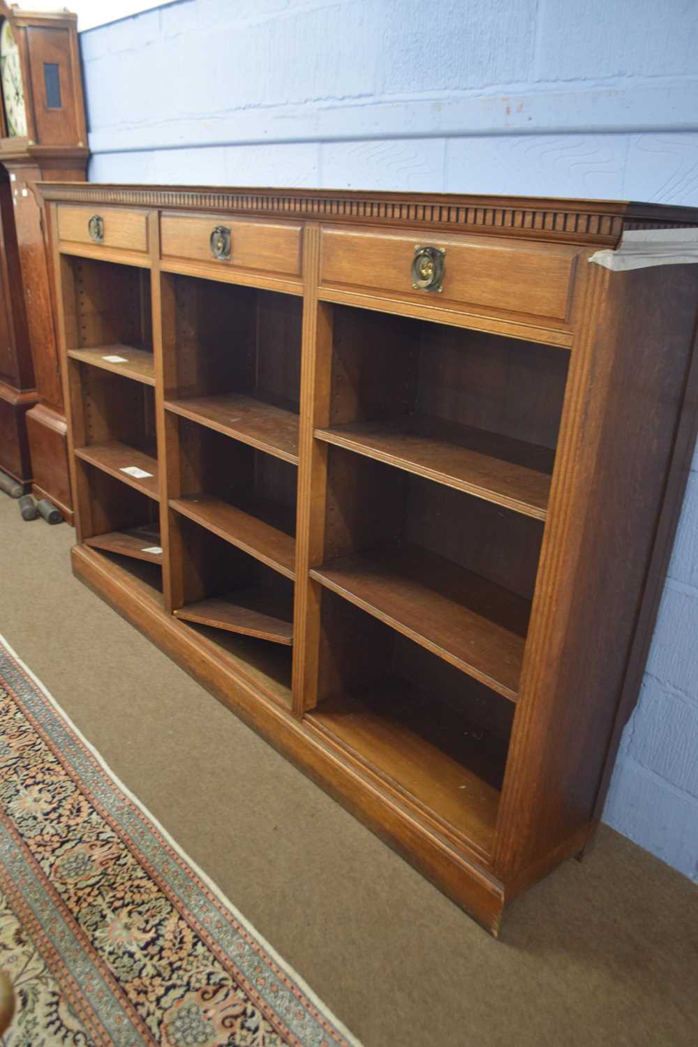 Large late 19th Century oak book case with dental moulded cornice over three drawers and three