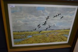 Hugh Monahan, Marshland Scene with Geese, coloured print, framed and glazed