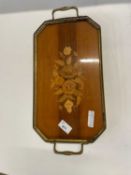 Small serving tray with metal rail, the centre with an inlaid floral design