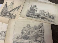 Circa 19th century, seven pencil on paper sketches predominantly depicting rural landscape scenes,