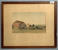 British School, 20th century, rolling landscape with two thatched cottages, watercolour,