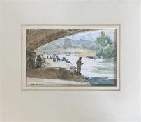 Roland Batcheler RWS (British, 20th century), canal fishing, watercolour and ink, paper laid on