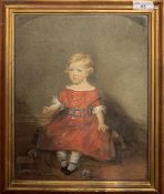 British School, 19th century, a portrait of a seated child in a red dress, watercolour and gouache