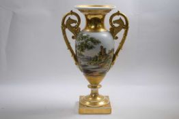 Late 19th Century Paris porcelain vase the body painted with pastoral scenes flanked by two gilt