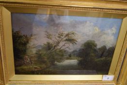 British School, 20th century, a landscape scene with a lone figure sitting by riverbank, oil on