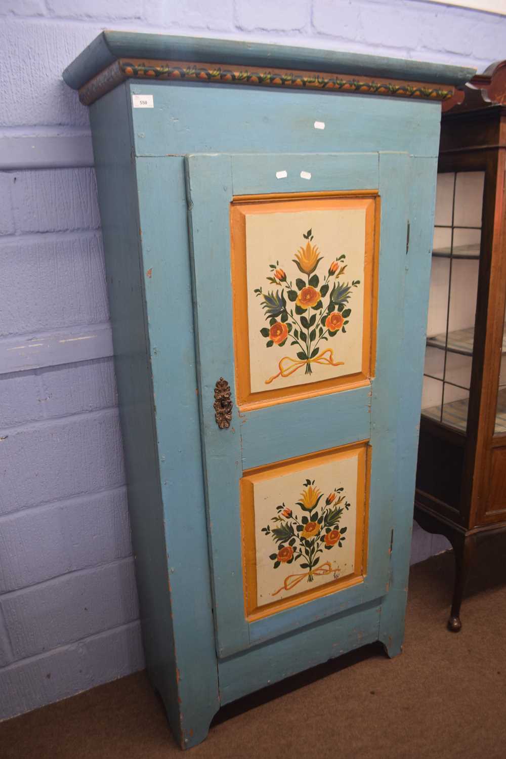 Swiss light blue and floral painted pine storage cabinet with single panelled door and shelved