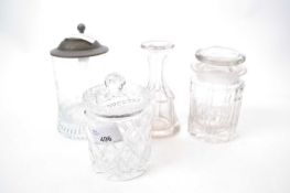 Quantity of cut glass ware, jars and covers, also glass mug with pewter lid