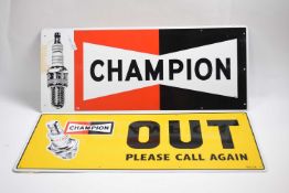 Two metal signs for Champion Spark Plugs, 58cm long