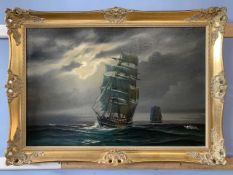 Arnold Beardsley (British, 20th century), maritime scene by moonlight, oil on canvas, 35x24ins,