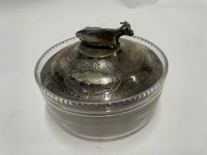 Glass butter dish with Victorian silver cover, handle mounted as a cow