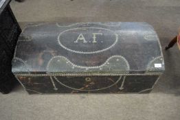 19th Century leather upholstered and brass studded dome top trunk, initialled 'AF' to the lid,