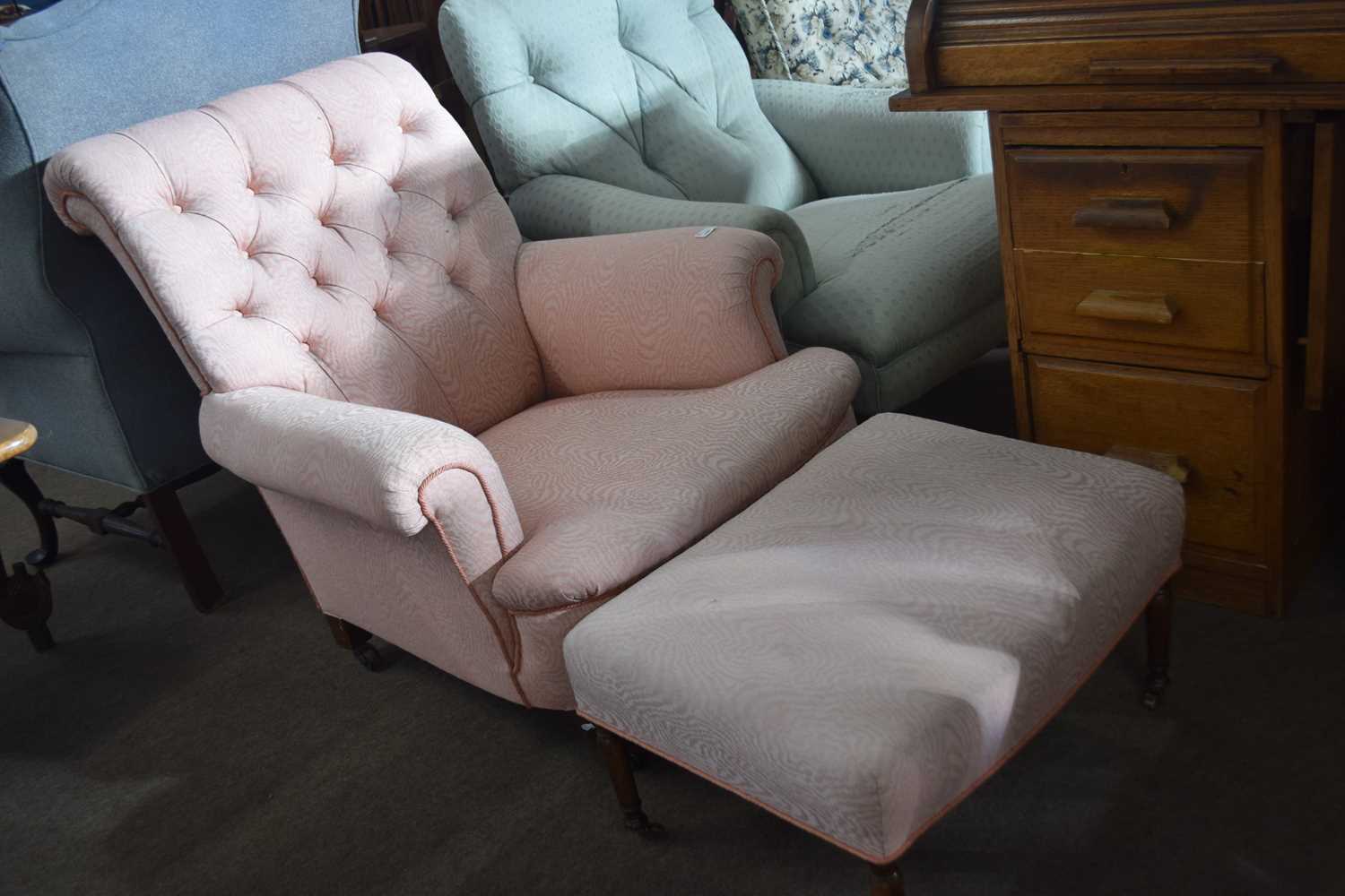 20th Century pink button upholstered armchair together with a similarly upholstered footstool (2)