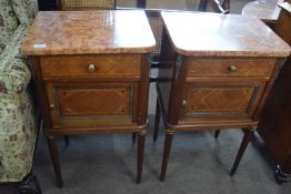 Pair of 20th Century continental bedside cabinets with red marble tops over single drawer and
