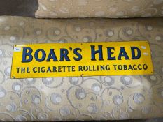 Vintage boars head tobacco enamel sign with blue lettering on a yellow background, 71 x 18 cm
