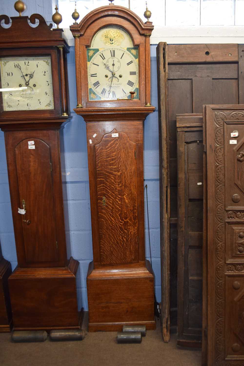 Charles Knight, Dunmow, an oak long case clock with painted arched dial, eight day movement, an