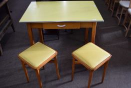 Retro Ligna yellow melamine topped table with two stools, table with single drawer, 91cm wide (3)