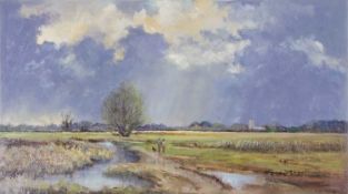 Shirley Carnt (British, b.1927 -), "Towards St Andrew's Church, Halvergate Marshes", oil on board,