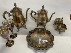 Group of plated wares including coffee pot, teapot, sugar and milk jug, small tray etc