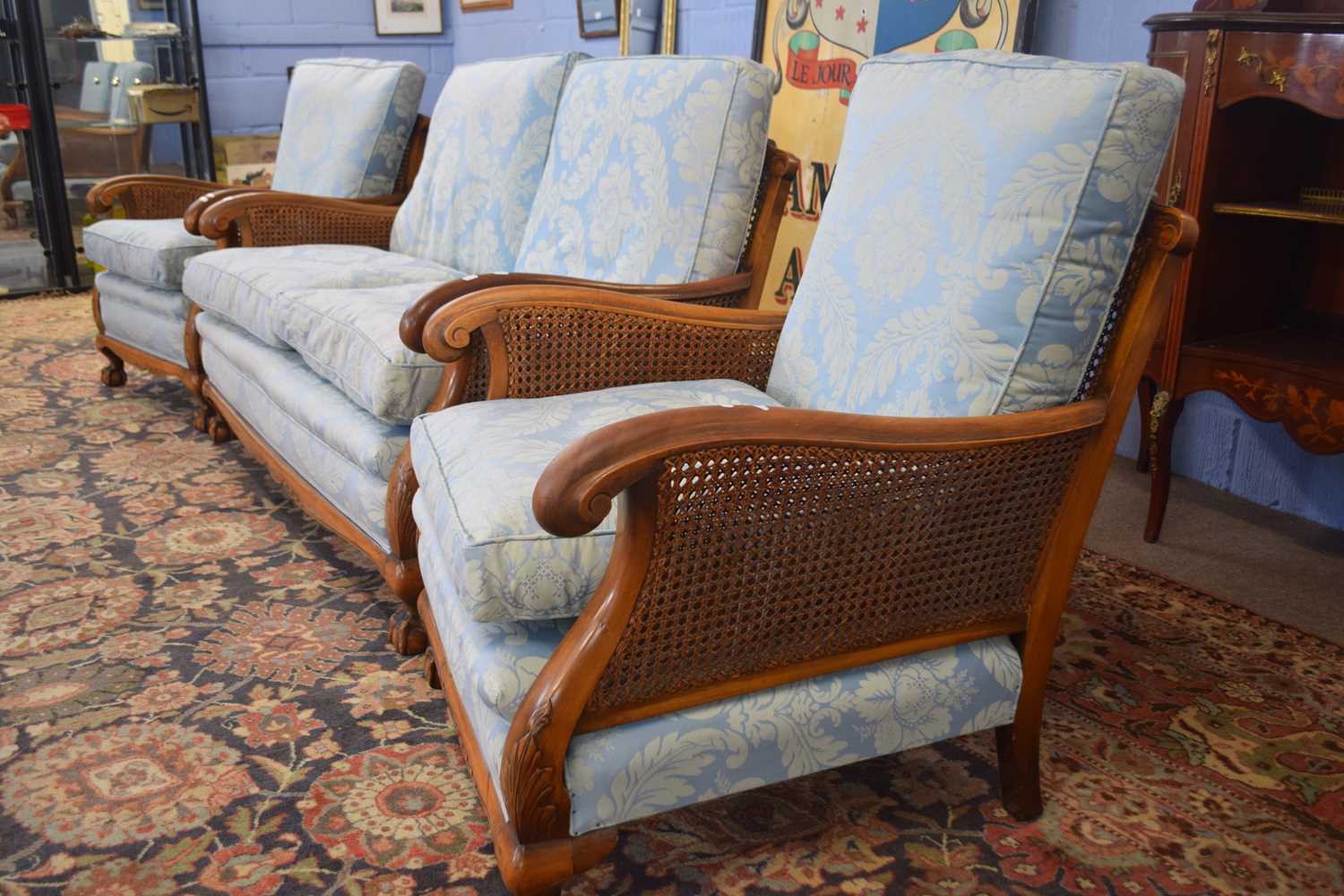 Late 19th or early 20th Century Bergere three piece suite comprising of two seater sofa and a pair - Image 2 of 2