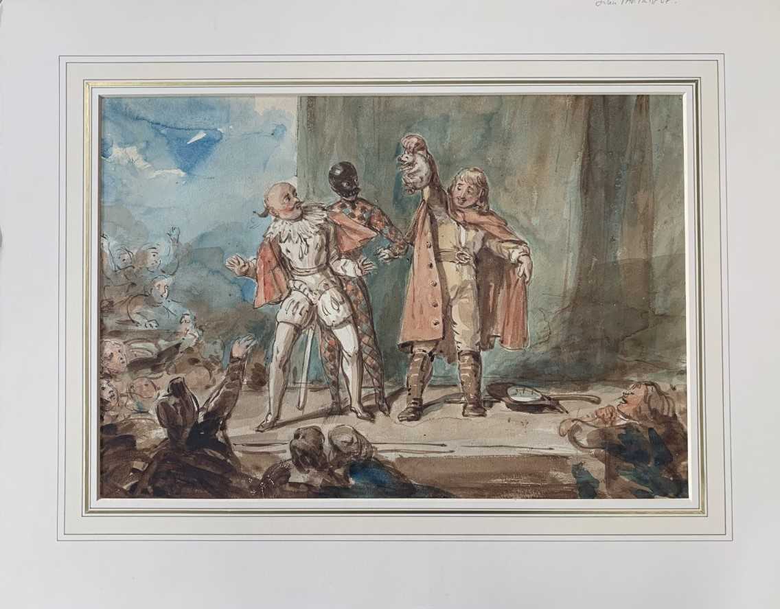 Attributed to John Bernard Partridge (British,1861-1945), theatrical scene, watercolour and - Image 2 of 3