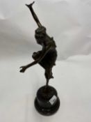 20th Century bronze model of a dancer set on a floral encrusted base, indistinctly initialled