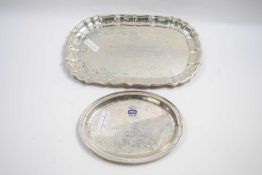 Two American sterling silver dishes with inscription, largest dish 30cm long