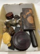 Small box containing a number of various items, carved scent bottle and other Oriental items