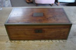 19th Century mahogany brass bound writing box of hinged rectangular form with a fabric covered