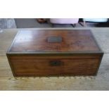 19th Century mahogany brass bound writing box of hinged rectangular form with a fabric covered