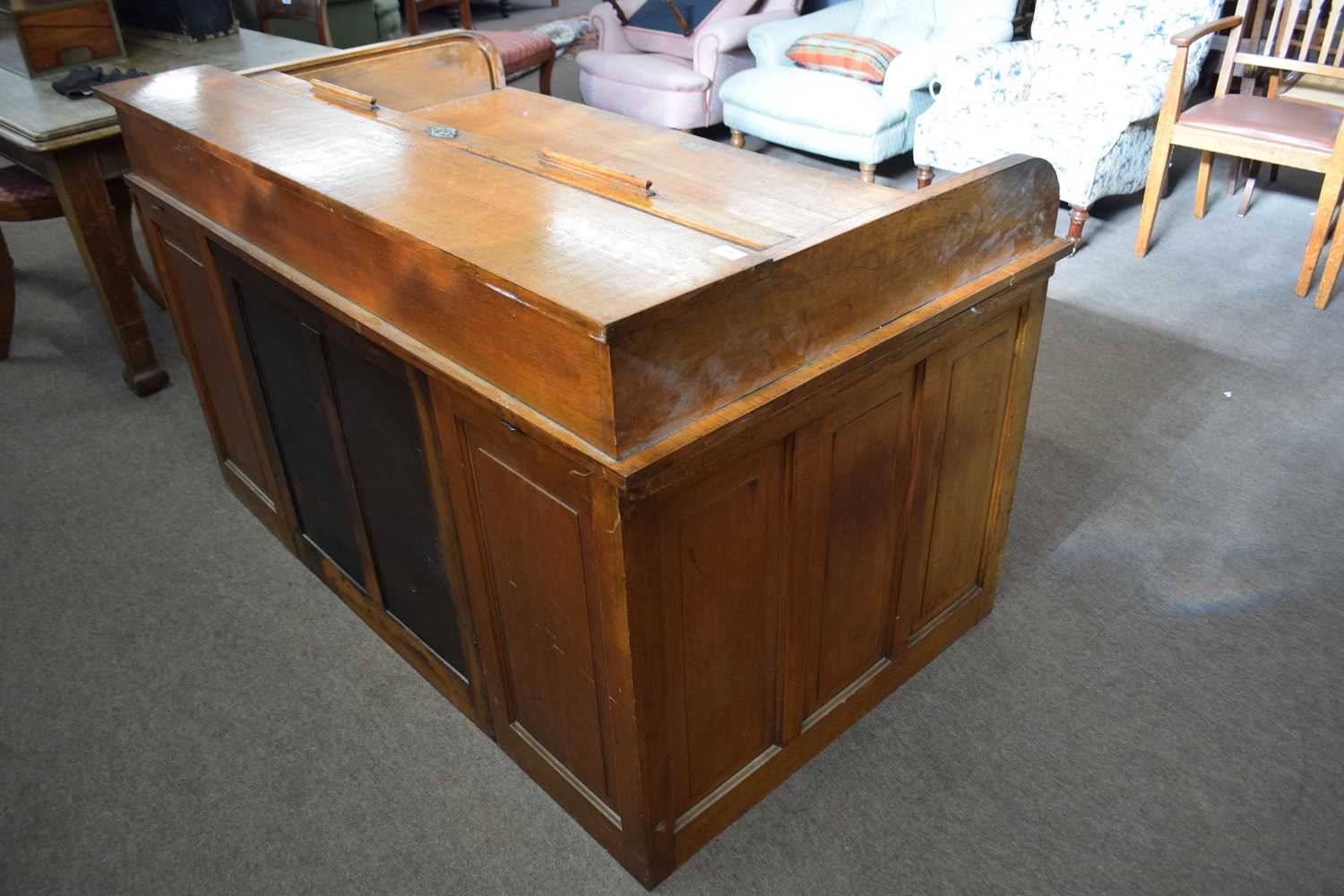 Early 20th Century oak roll top desk with twin pedestals, drop down side leaf, the lock plate - Image 2 of 3