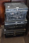 Group of three vintage metal deed boxes, marked 'Sanctuary Sir Robert Peel No 486, Luke Brady Ltd,