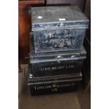 Group of three vintage metal deed boxes, marked 'Sanctuary Sir Robert Peel No 486, Luke Brady Ltd,