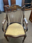 Edwardian mahogany and inlaid scroll arm side chair with upholstered serpentine seat raised on