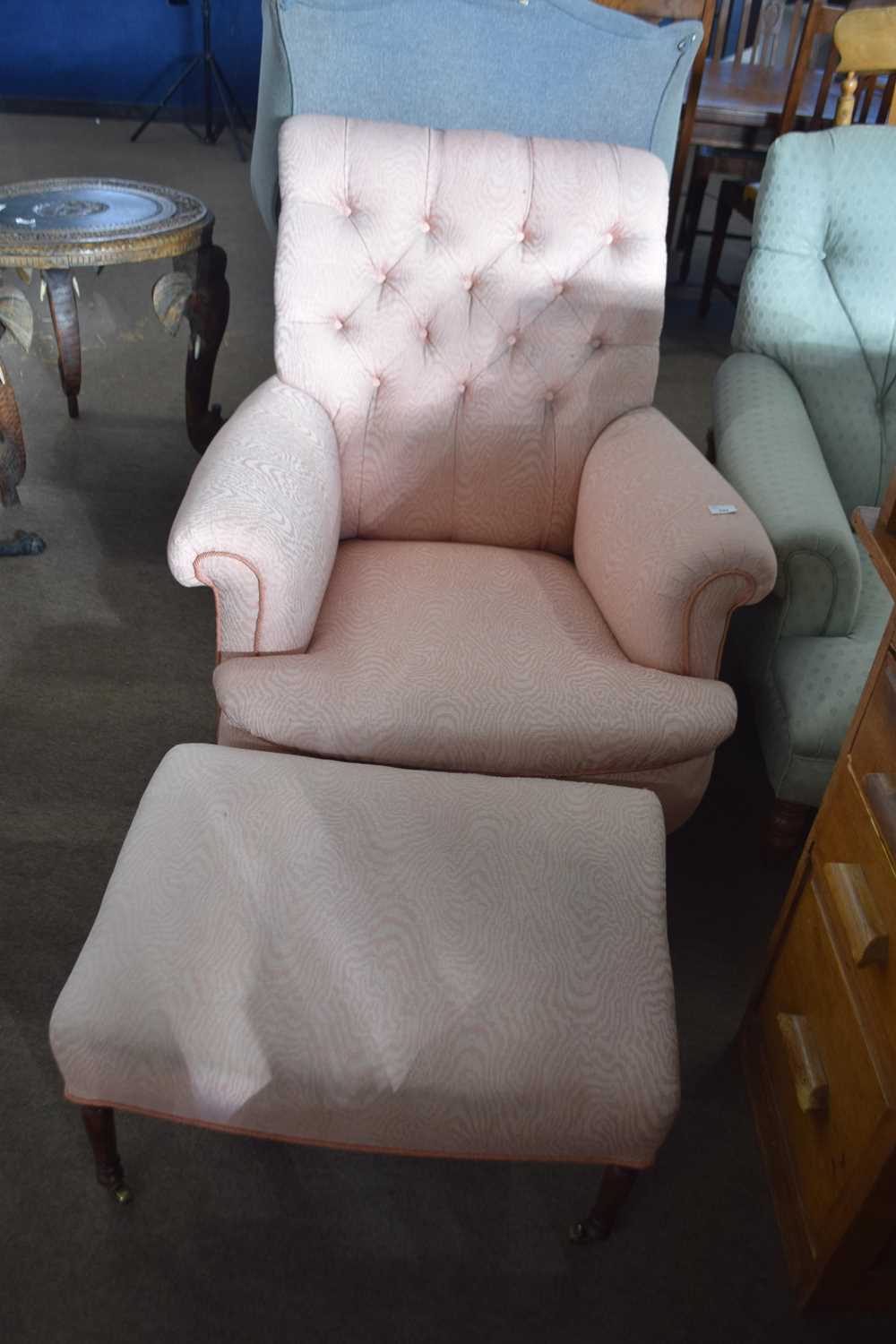 20th Century pink button upholstered armchair together with a similarly upholstered footstool (2) - Image 2 of 3