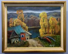 Attributed to Adolf Gugel (Russian, 20th century), Autumnal lakeside view, oil on canvas,17.5x23ins,